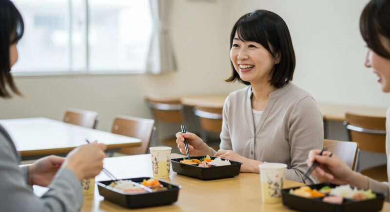 同僚と楽しくお弁当を食べる主婦