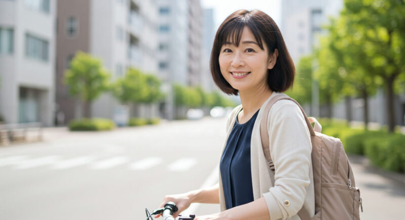 自転車で会社に向かう主婦